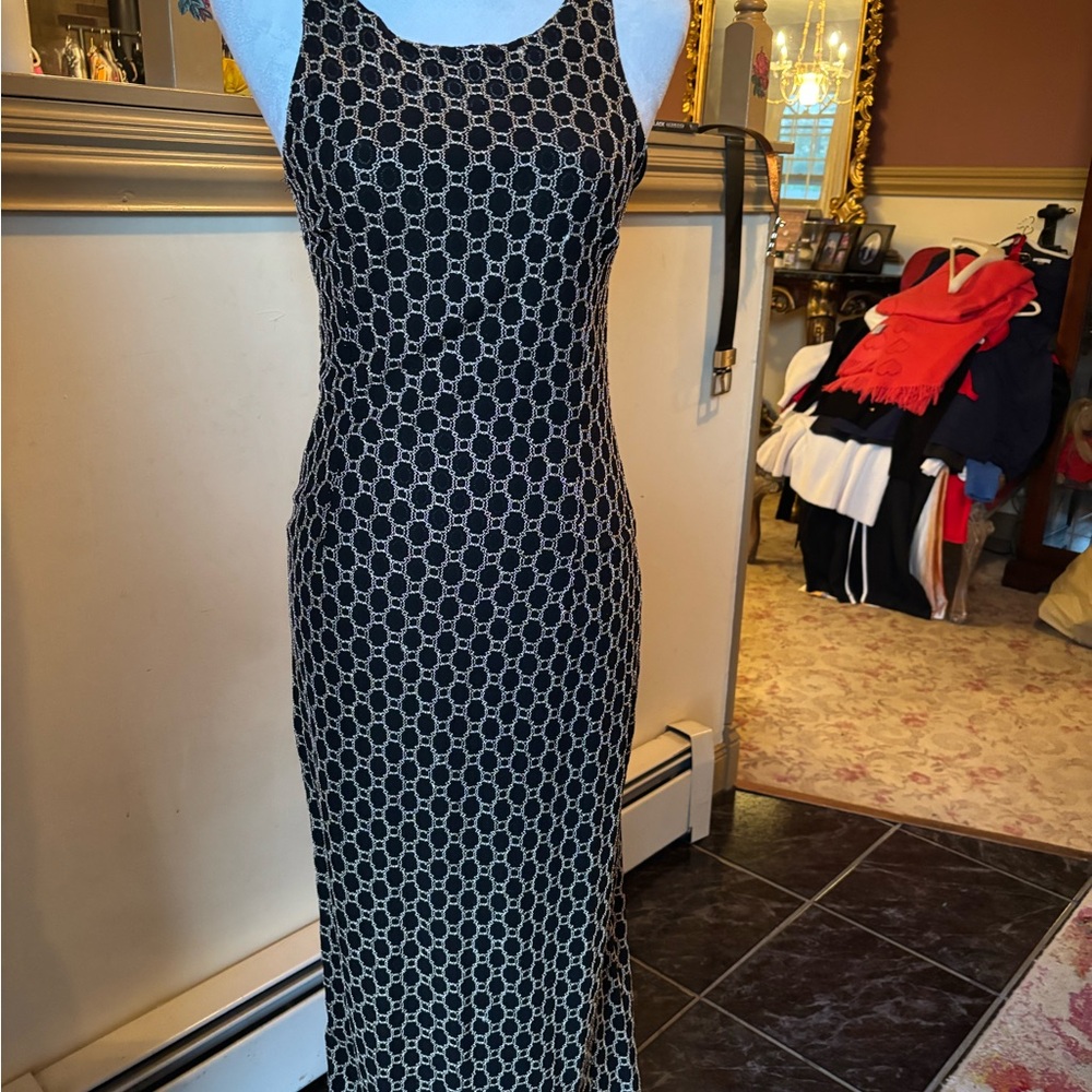 Black Goldish Patterned Dress slit at bottom (worn once then sent to cleaners)